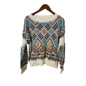 NWOT Multicolored Geometric Crewneck Pullover Long Baggy Sleeve Sweater Size XL